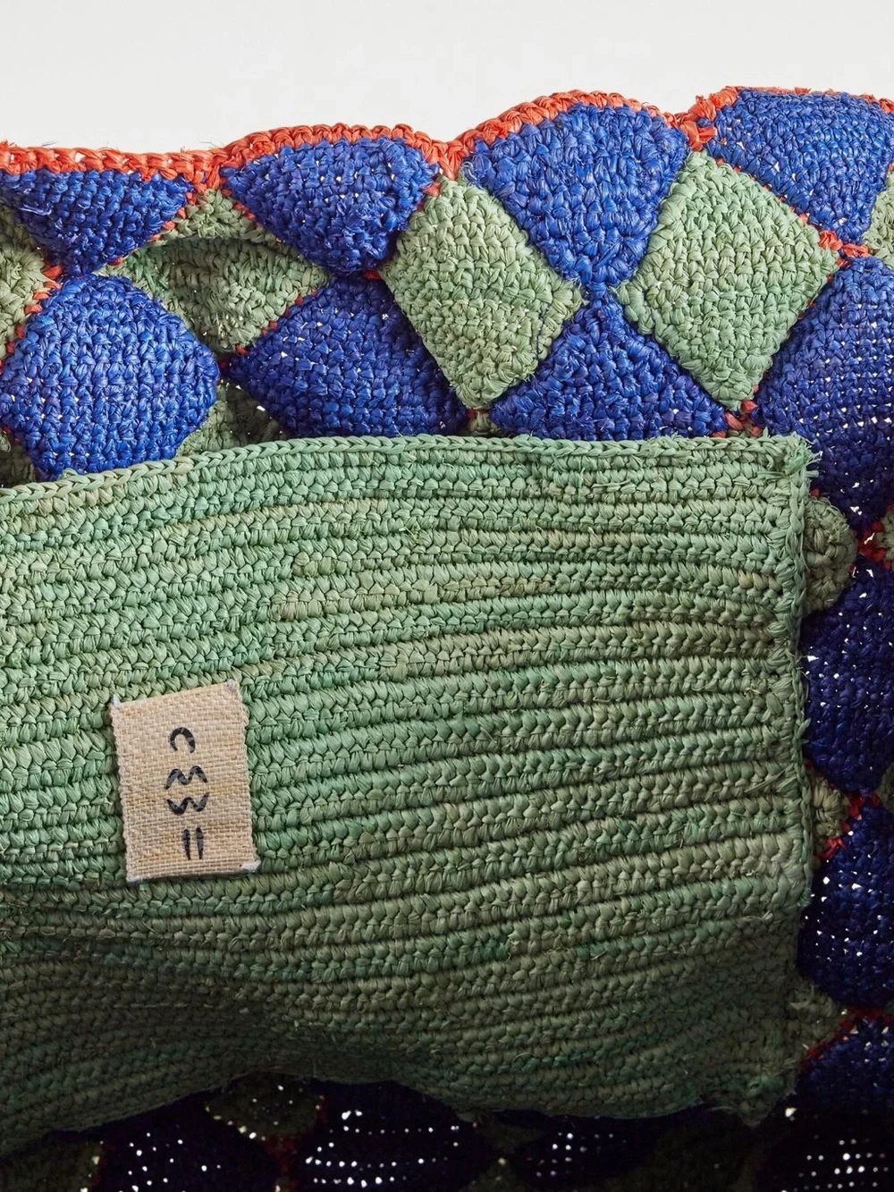 Textured Green Pom-Pom Tote with Tan Handles